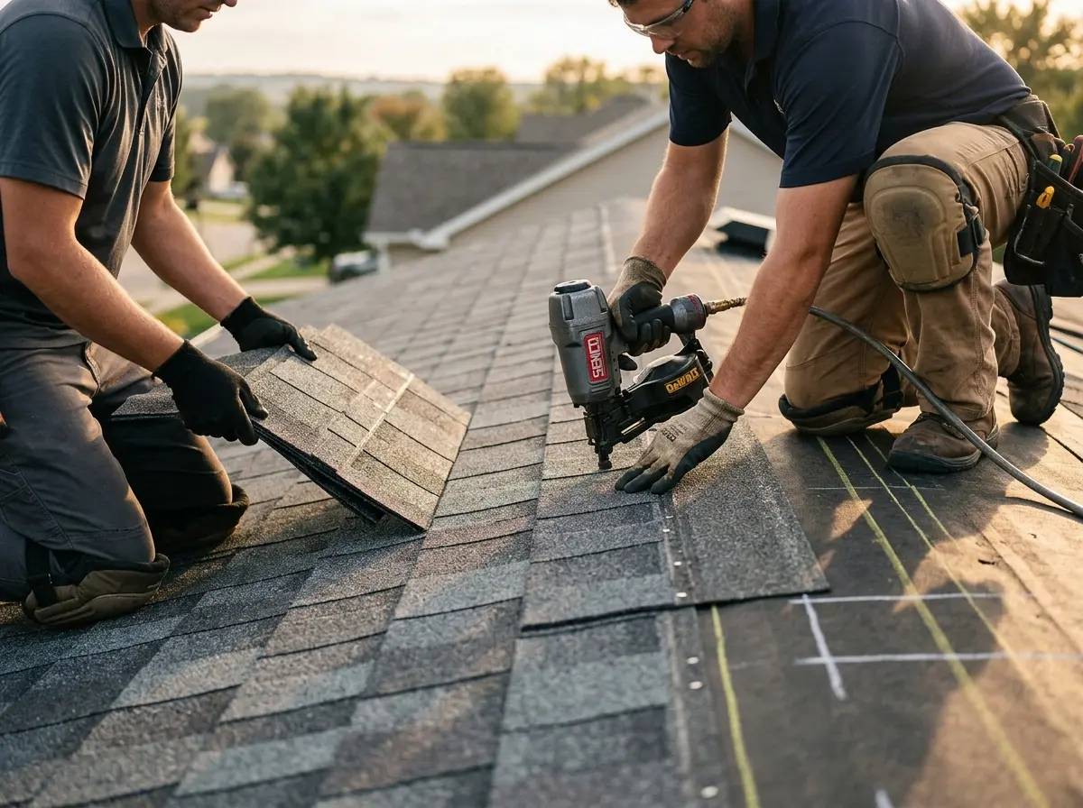 Professional roofer working on a residential roof in New Hempstead